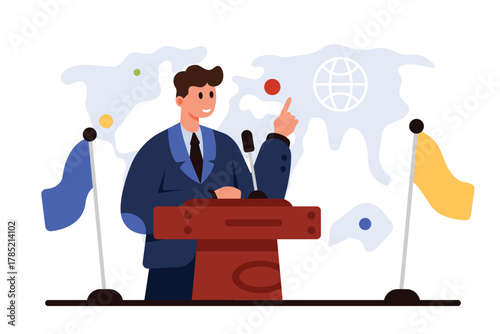 Public speech by diplomat or politician at conference, meeting of international leaders. Tiny confident speaker speaking at podium with microphone near flags and world map cartoon vector illustration