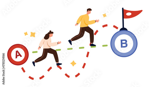 Shortcut from point A to B, simplicity of difficult business process. Tiny man and woman running to flag hard and easy way, choose success straight and complicated path cartoon vector illustration