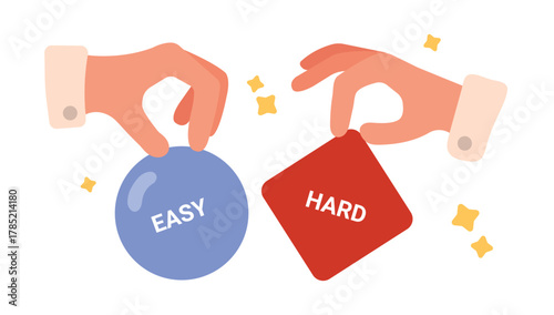 Business competition and choice, smart efficient versus difficult wrong decision of businessman. Competitors hands holding circle and square shapes with Easy and Hard text cartoon vector illustration
