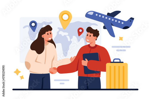 Employment contract with foreign company, consultancy in hiring migrants, brain drain. Handshake of tiny man with suitcase and woman near world map with relocation pins cartoon vector illustration