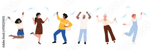 Happy people free from masks set. Young and old, male and female characters celebrate lockdown end and freedom, cheerful man and woman jump and dance throwing masks up cartoon vector illustration