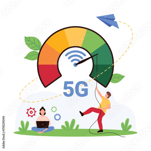 5G network connection boost, high speed internet, wifi service. Tiny people pull arrow of circle speedometer to limit on scale to increase bandwidth from slow to fast cartoon vector illustration