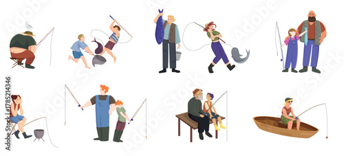 Angler fishing for fish, fishery set. Fisherman sitting in boat or wooden chair on pier, man and woman, kids holding fishing rod to catch trout in pond, river or sea cartoon vector illustration
