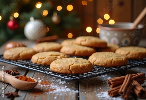 Festive Holiday Baking Setup with Warm Cookies, Spices, and Flour Scattered Joyfully