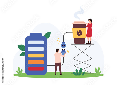 Boost energy with morning cup of coffee, creative power station for health. Tiny people charge takeaway cardboard cup of coffee espresso or cappuccino with battery cartoon vector illustration