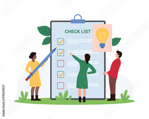 Checklist survey form with ticks, questionnaire and task list filling. Tiny people holding pencil and light bulb to write check mark in paper document on clipboard cartoon vector illustration