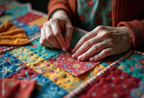 Hand-Sewn Quilter Crafting a Colorful Patchwork Blanket with Care and Attention
