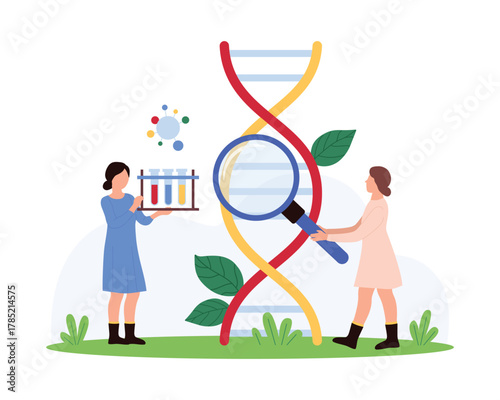 Genetic analysis in laboratory, science investigation of genes and chromosomes. Tiny people holding medical test tubes and magnifying glass to explore DNA molecule model cartoon vector illustration