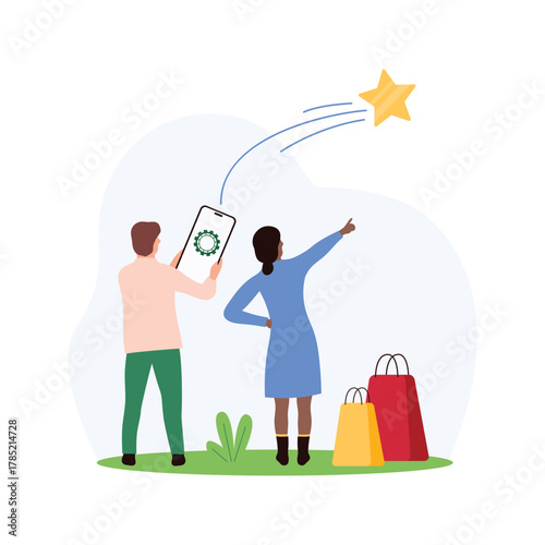 Customer review, user feedback and assessment. Tiny people with shopping bags launch gold star for favorable product from mobile phone screen, rate experience in survey cartoon vector illustration