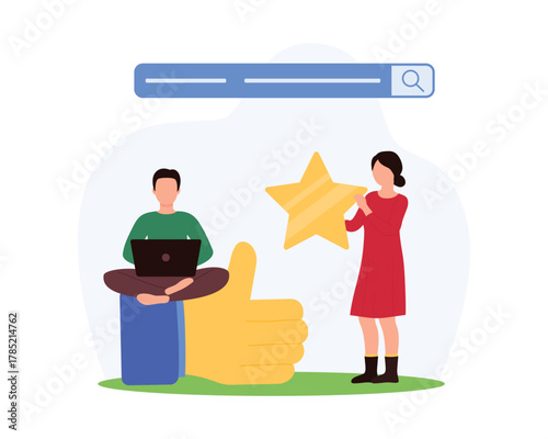 Customer feedback web search, product quality and reputation ranking. Tiny people rate experience with best results and likes, characters giving thumbs up and gold star cartoon vector illustration