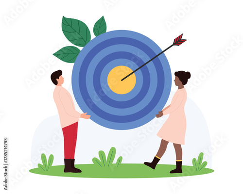 Business achievement, accuracy in reaching goal, success teamwork to achieve target. Tiny people winning challenge, holding huge dart board with arrow hits bullseye cartoon vector illustration