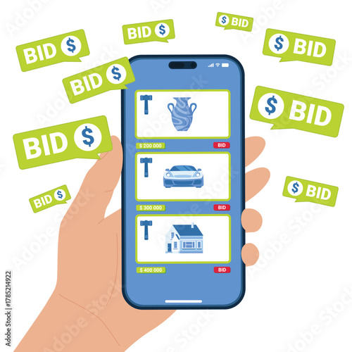 Online auction in mobile app. Hand of bidder holding smartphone with bidding for antique vase, house and car, button Bid on screen, price suggestions in speech bubbles cartoon vector illustration