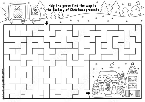 Christmas village black and white maze with truck searching way to present factory. Line labyrinth game with goose driving car to gift plant. Winter holiday printable activity, coloring page