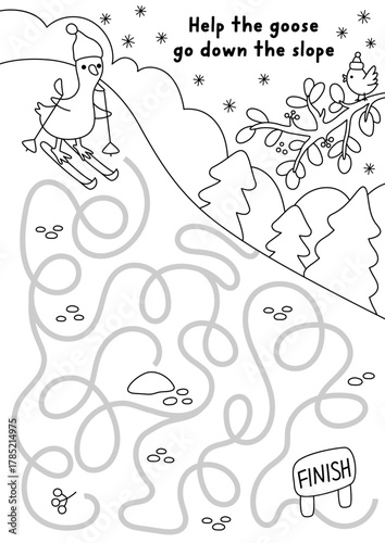 Christmas village black and white maze with cute goose going down the slope, on skis. Line labyrinth game with bird, snowy landscape. Winter holiday printable activity, worksheet, coloring page