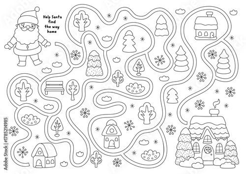 Christmas village black and white maze with Santa Claus searching his way home. Line labyrinth game with Father Frost, snowy house. Winter holiday printable activity, worksheet, coloring page