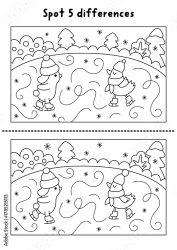 Christmas line find differences game. Winter holiday black and white activity with rabbit and bird skating on the rink. Printable worksheet, coloring page for kids with New Year character