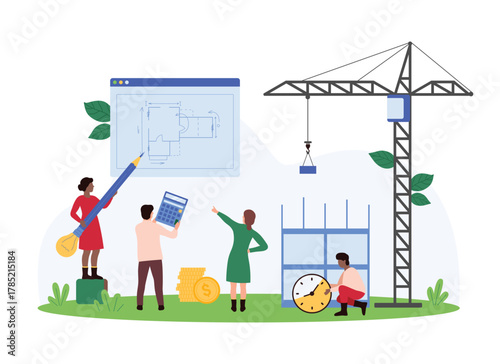Work of architects in design and remodeling of buildings. Tiny people holding pencil, calculator and clock for draft improvement, reconstruction of house components cartoon vector illustration