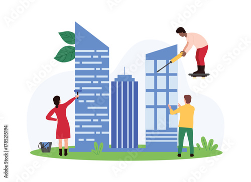 Modern city building construction and renovation of real estate project, manufacturing process. Tiny people repair exterior and paint wall, contractors rebuild house cartoon vector illustration