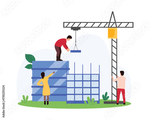 Development of urban architecture, building construction by project. Tiny people and construction crane build, work on unfinished modern skyscraper from concrete and steel cartoon vector illustration