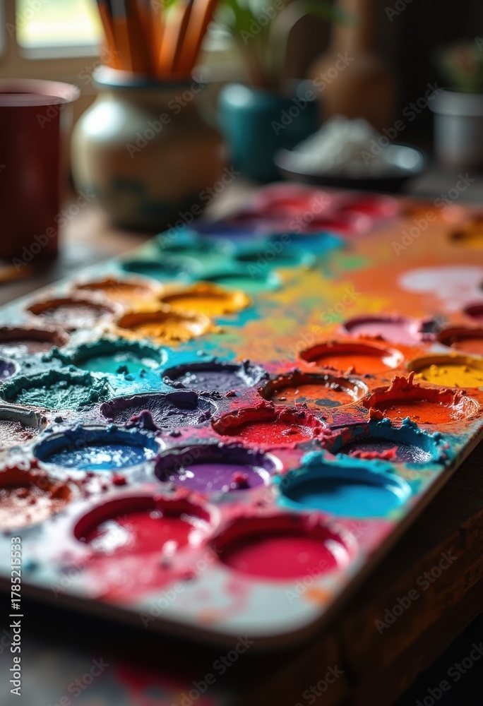 Fototapeta premium child, art, paint, color, painting, game, hand, colorful, fun, education, brush, palette, creativity, table, red, artist, paintbrush, woman, play, craft, watercolor, drawing, boy, leisure, creative