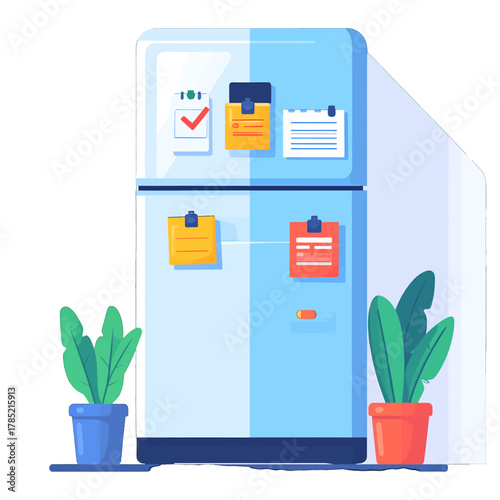Light Blue Refrigerator with Colorful Sticky Notes and Plants in Pots Cartoon Illustration