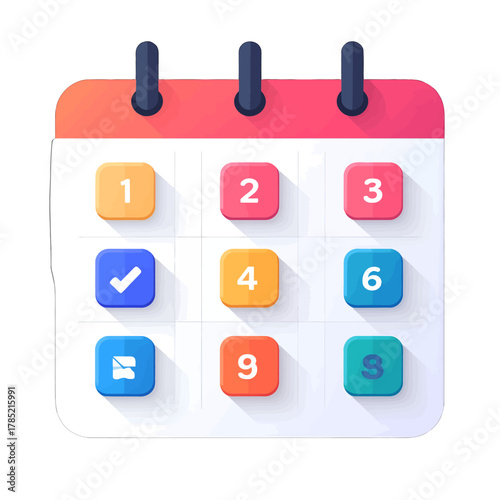 Vibrant Pixelated Calendar Icon with Gradient Top and Rounded Squares in White Background with Dropped Shadow