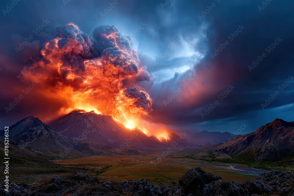 Fototapeta premium Volcanic eruption with ash cloud and lava flow