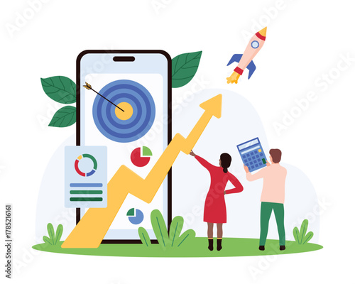 Business operations in mobile app, online financial analytics for revenue growth. Tiny people launch startup rocket, up arrow, data charts and target on smartphone screen cartoon vector illustration