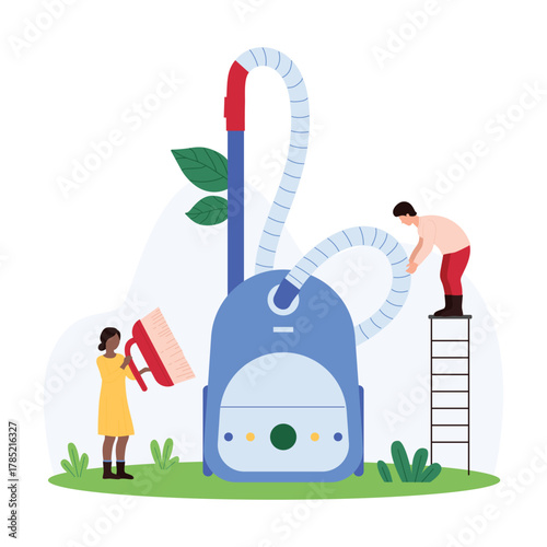 Cleaning service for home and office, cleanup and housework. Tiny people of holding brush and vacuum cleaner hose to clean room, help in domestic chores by janitorial staff cartoon vector illustration