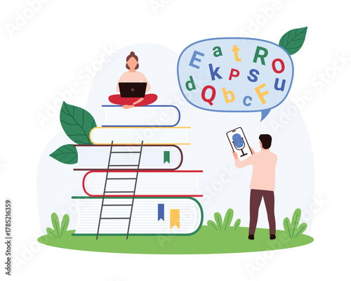 Technical jargon, difficult meaning of information, problem to understand slang or language. Tiny people communicate with messy chaos of letters inside speech bubble cartoon vector illustration