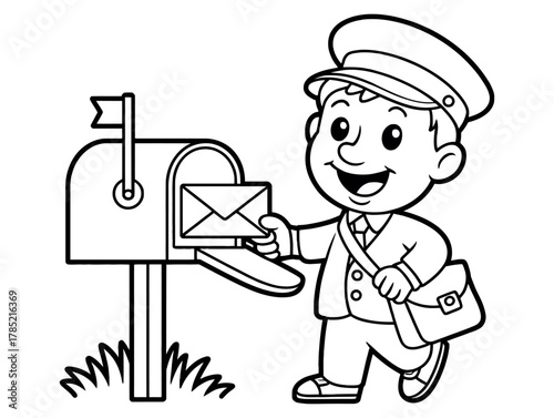 Outlined cartoon postman putting an envelope into a mailbox with raised flag