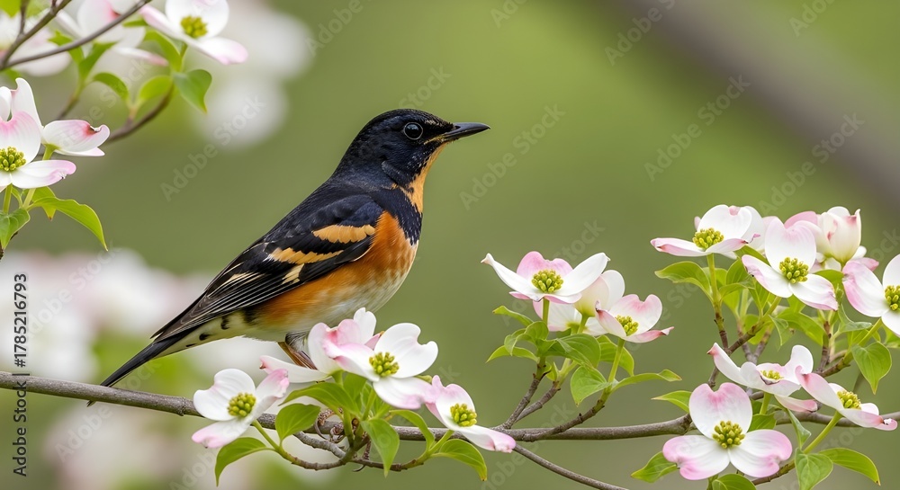 Fototapeta premium Bird perched on a flowering dogwood branch outside
