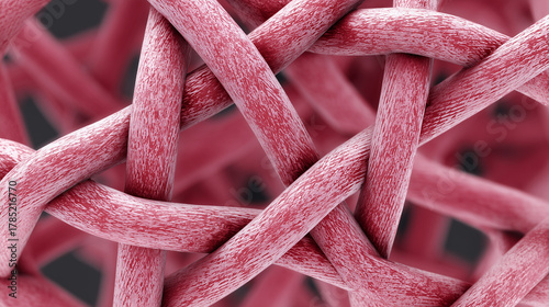 An abstract microscopic view of red polymer chains cross-linked to create a strong new material, a synergy metaphor.