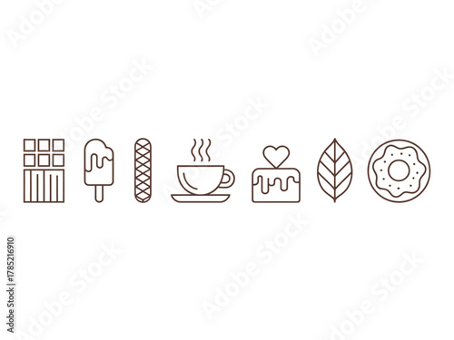 Line art illustration of chocolate bar popsicle wafer coffee cake leaf donut