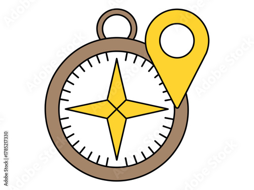 Illustration of a compass with a yellow location pin on the right side