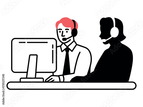 Illustration of two call center agents working at their computers with headsets