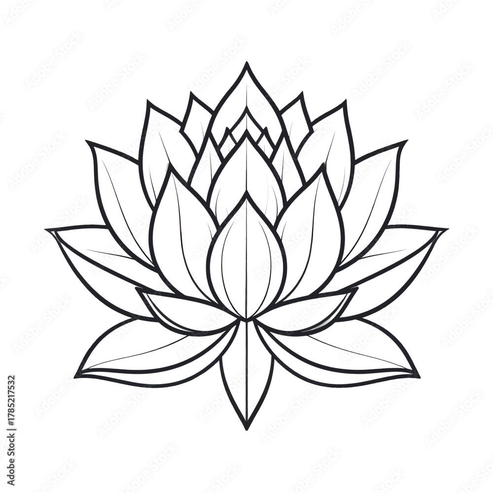Obraz premium Elegant Lotus Flower Outline with Detailed Petals on White Background for Coloring or Design Projects