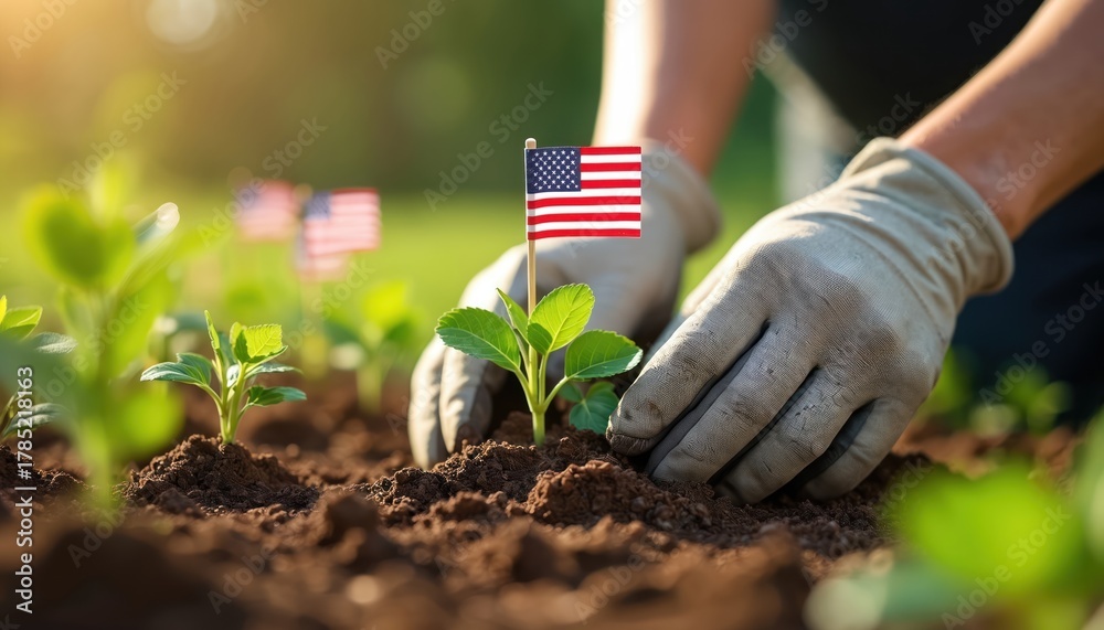 Fototapeta premium Gardener plants seedling with American flag in fertile soil. Hands in gloves nurture green plant. Outdoor hobby cultivation, patriotism symbols, summer day. Growth, nature care.