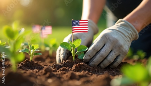 Gardener plants seedling with American flag in fertile soil. Hands in gloves nurture green plant. Outdoor hobby cultivation, patriotism symbols, summer day. Growth, nature care.