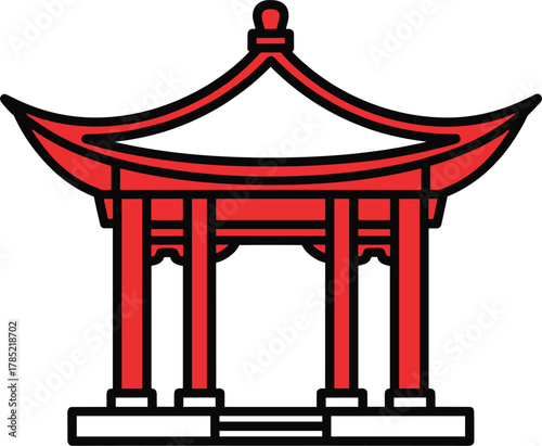 Traditional Asian red pavilion temple building with curved roof architecture design for cultural tourism and heritage themes - flat vector illustration