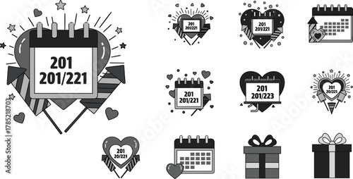 Romantic calendar icons with hearts, stars and gift boxes representing love and special date celebration reminder design - flat vector illustration