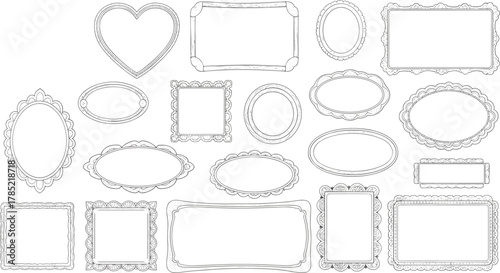 Vintage decorative blank frames set in various shapes including heart, square, oval and rectangle borders for design - flat vector illustration