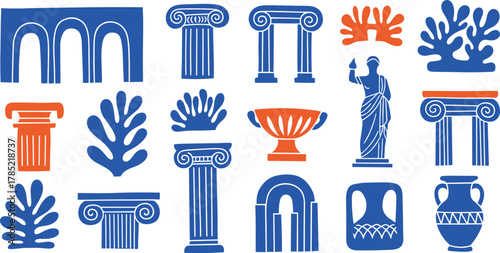 Classical Greek and Roman icon set, columns, statues, vases, architecture motifs, bold blue and orange vector illustration design