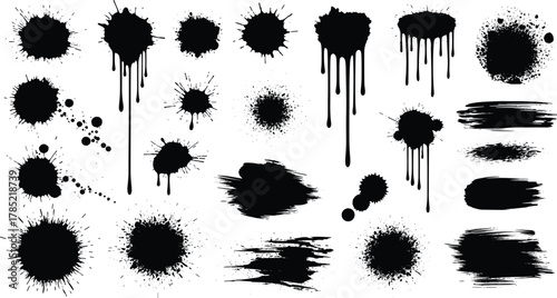 Black ink splatter stains and paint brush stroke grunge texture elements for design background decoration and artistic effects - flat vector illustration