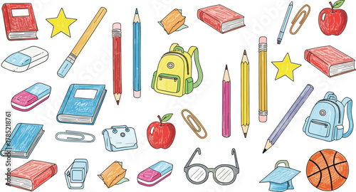 Colorful hand drawn school supplies pattern including books, backpacks, pencils, apples, stars, basketball, stationery items, for classroom design - flat vector illustration