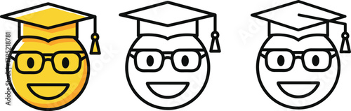 Graduation emoji face icons wearing glasses and academic cap representing education, achievement and happy student celebration - flat vector illustration