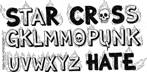 Grunge flaming alphabet font with skull accents, distressed hand drawn letters, punk gothic style decorative typeface - flat vector illustration