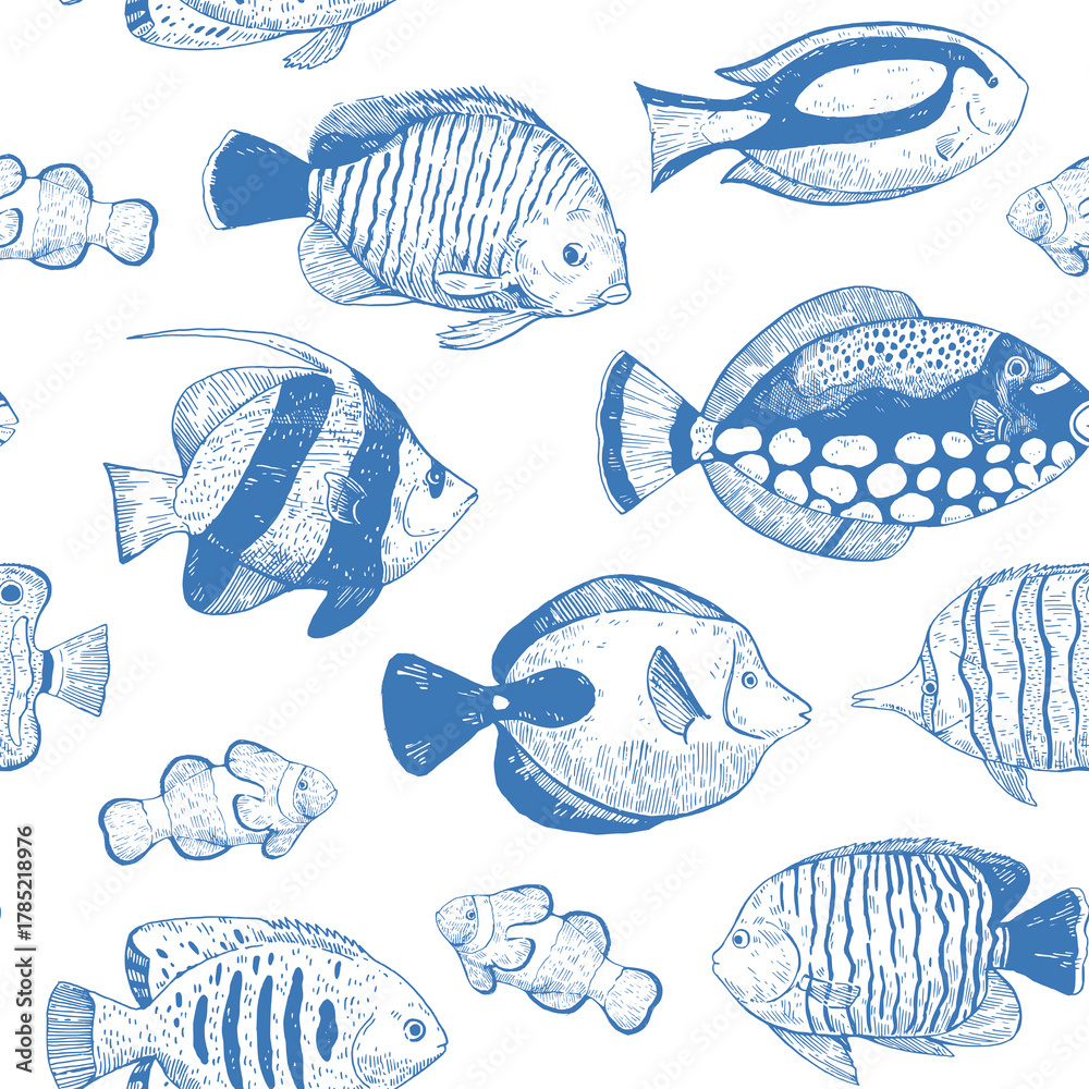 Fototapeta premium Seamless pattern with coral tropical fish. Hand-drawn vector ornament for design in classic engraving style.
