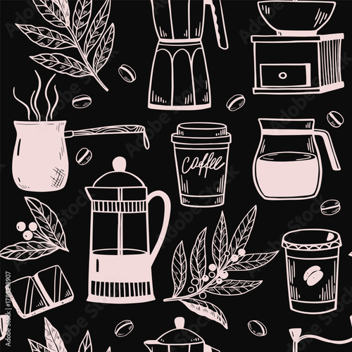 Seamless pattern with coffee pots, coffee cups, grinder and percolator. Black and white vector illustration for menu, packaging.