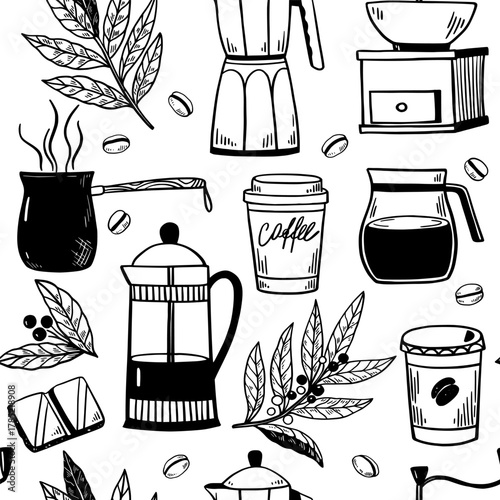 Seamless pattern with coffee pots, coffee cups, grinder and percolator. Black and white vector illustration for menu, packaging.